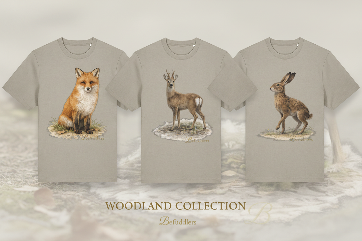 Group of three woodland theme T-shirts from the Befuddlers Cosy Country club collection. a sitting fox, a standing deer and a Hare